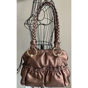 B MAKOWSKY Bronze Metallic Leather Handbag Purse Braided Straps EUC